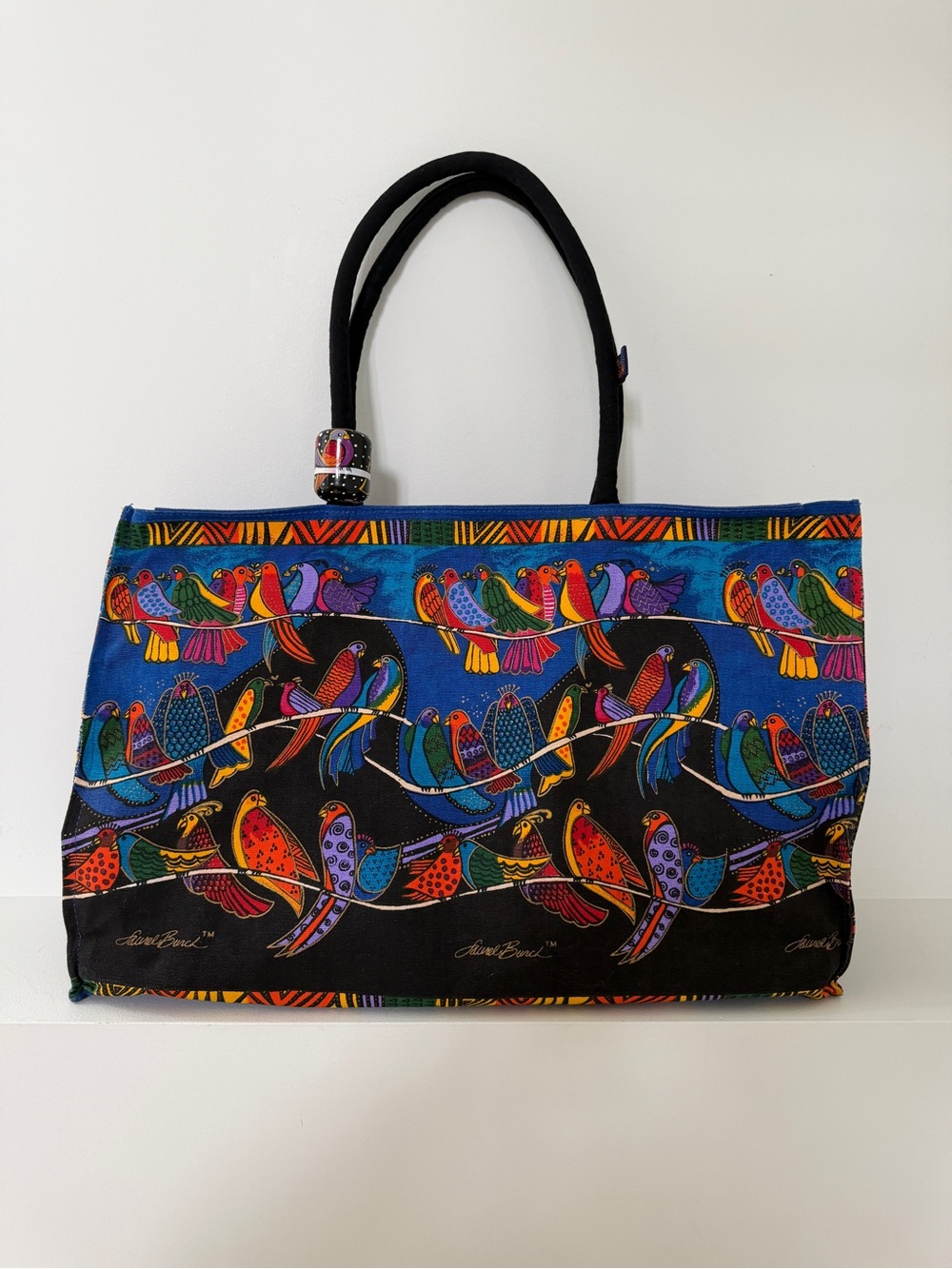 LAUREL BURCH Large Double Handle Tote Bag Birds Parrots Market Bag Beach Travel